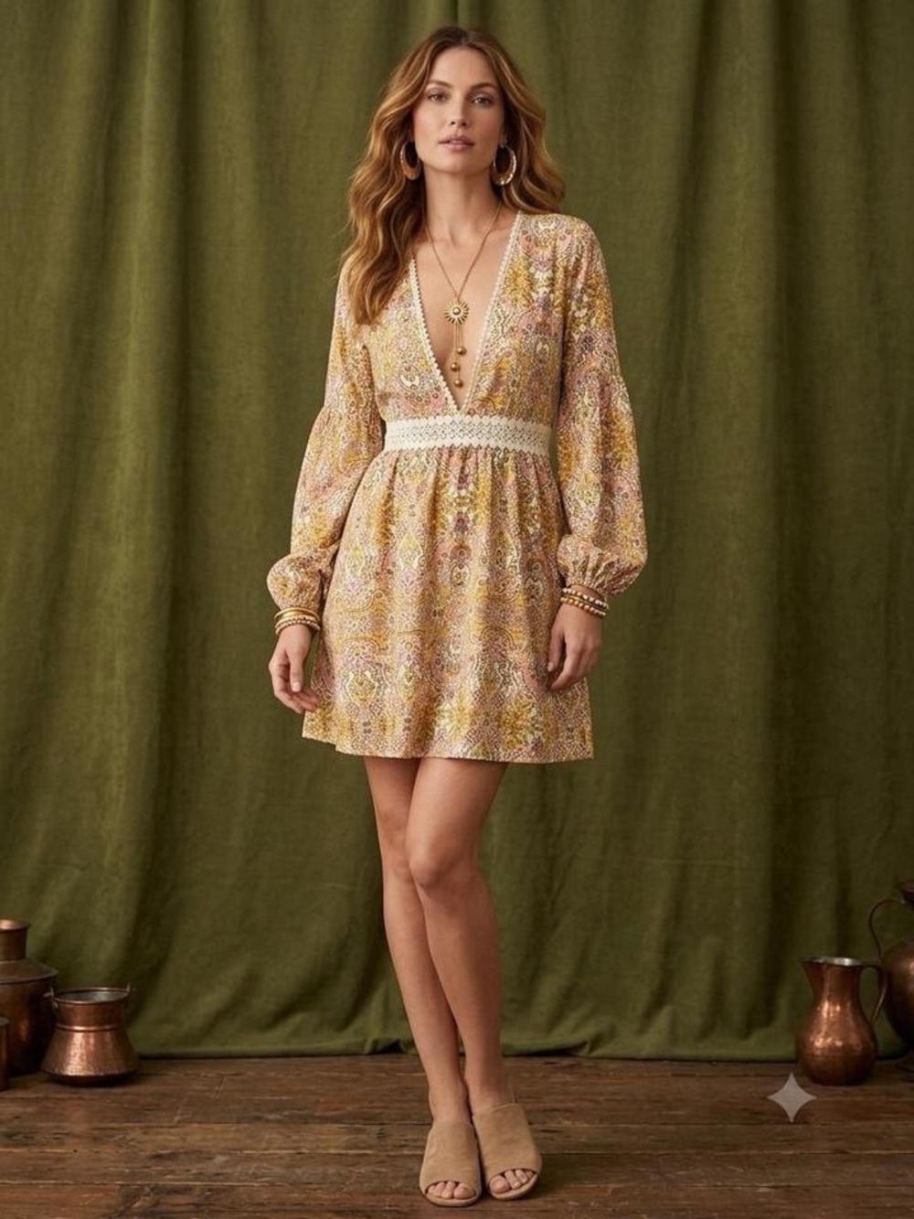 Love Squared Yellow Paisley Deep V-Neck Mini Dress